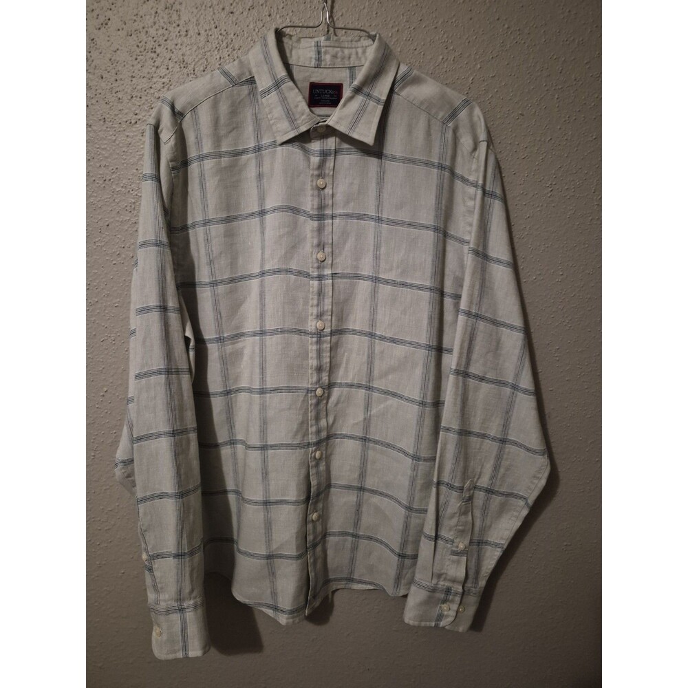 UNTUCKit Shirt Men's L Slim Fit 100% Linen Preppy Green Plaid Wrinkle Resistant